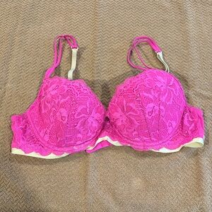 PINK Women’s 36B Date Lightly Lined Hot Pink Lace Pastel Yellow Trim Bra